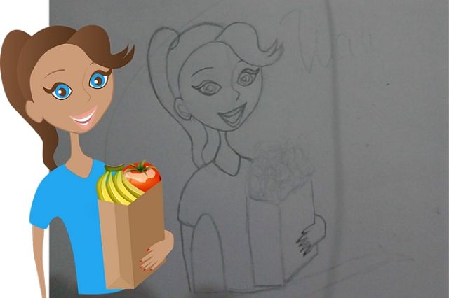 Vignetta di donna con sacco della spesa