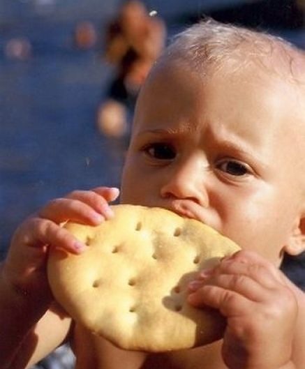 Bambino assapora la galetta del marinaio e si fa i denti