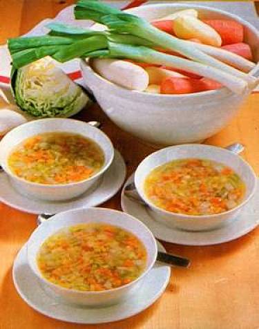 Minestra fatta con ortaggi e brodo di rigaglie Minestra di verdure in brodo di rigaglie