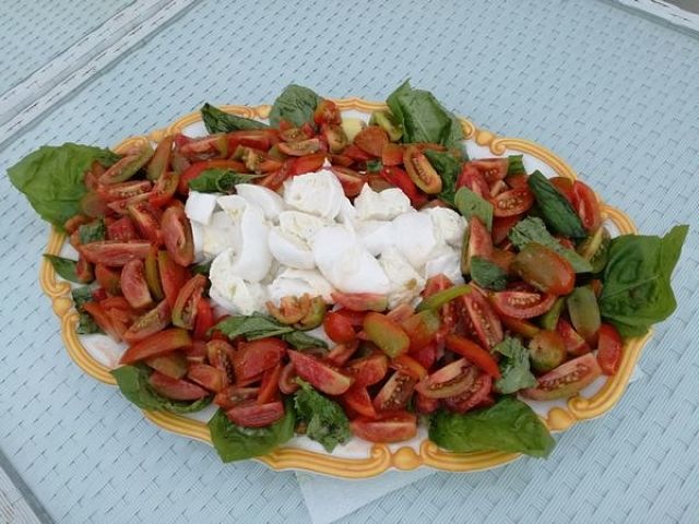 Fotografia di mozzarella contornata da insalata di pomodori e basilico