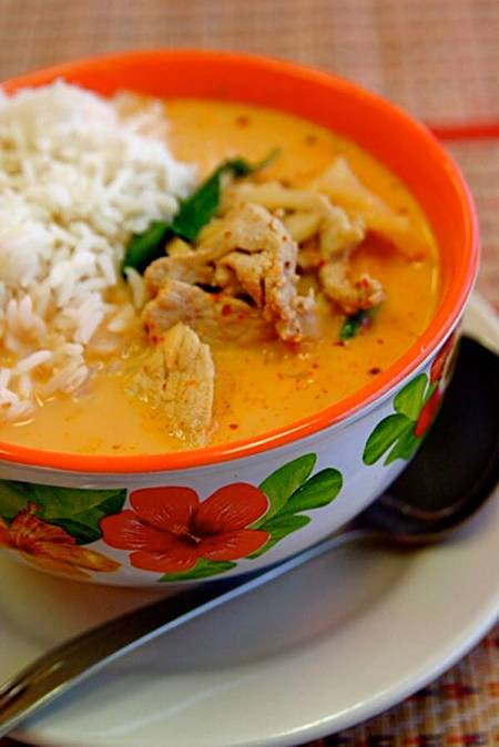 Fotografia di pollo con curry rosso tailandese con riso