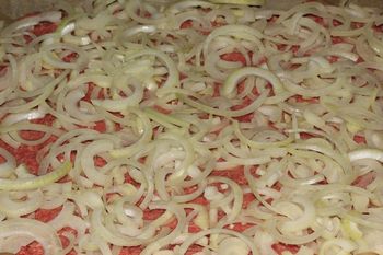 Cipolle affettate meccanicamente su carne cruda