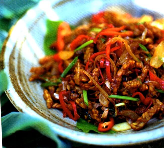 Tempeh al caramello indonesiano Come di presenta il tempeh caramellato fatto seguendo la ricetta dell'Indonesia