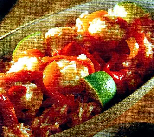 Baccalà con peperoni e riso con lime