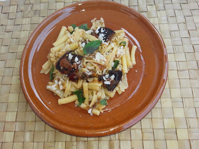 Pasta corta con melanzane Pasta corta condita con genuino e saporito sugo di melanzane povero di grassi