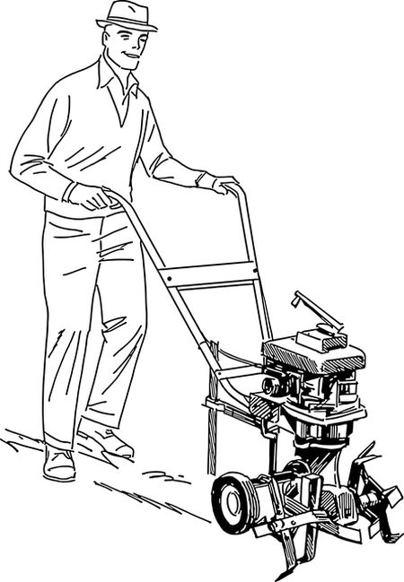 Disegno di uomo che prepara il terreno per la semina del prato con la motozappa