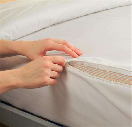 Dettaglio della cerniera protetta da fettuccia antiacaro delle coperture Alpretec