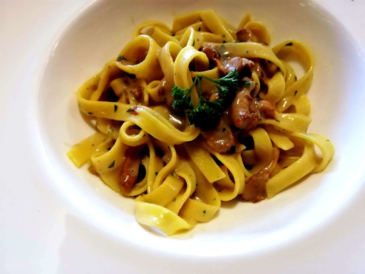 Le cremose e gustose tagliatelle con finferli e panna sono un tipico primo piatto autunnale Tagliatelle condite con finferli e panna nel piatto