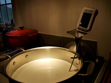 Termometro con sonda immersa nel latte contenuto in una pentola