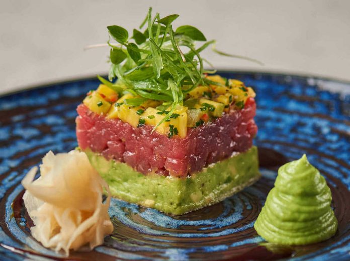 Elegante, allegra e deliziosa tartare di tonno, avocado e mango Aspetto della fresca e gustosa tartare di tonno, avocado e mango