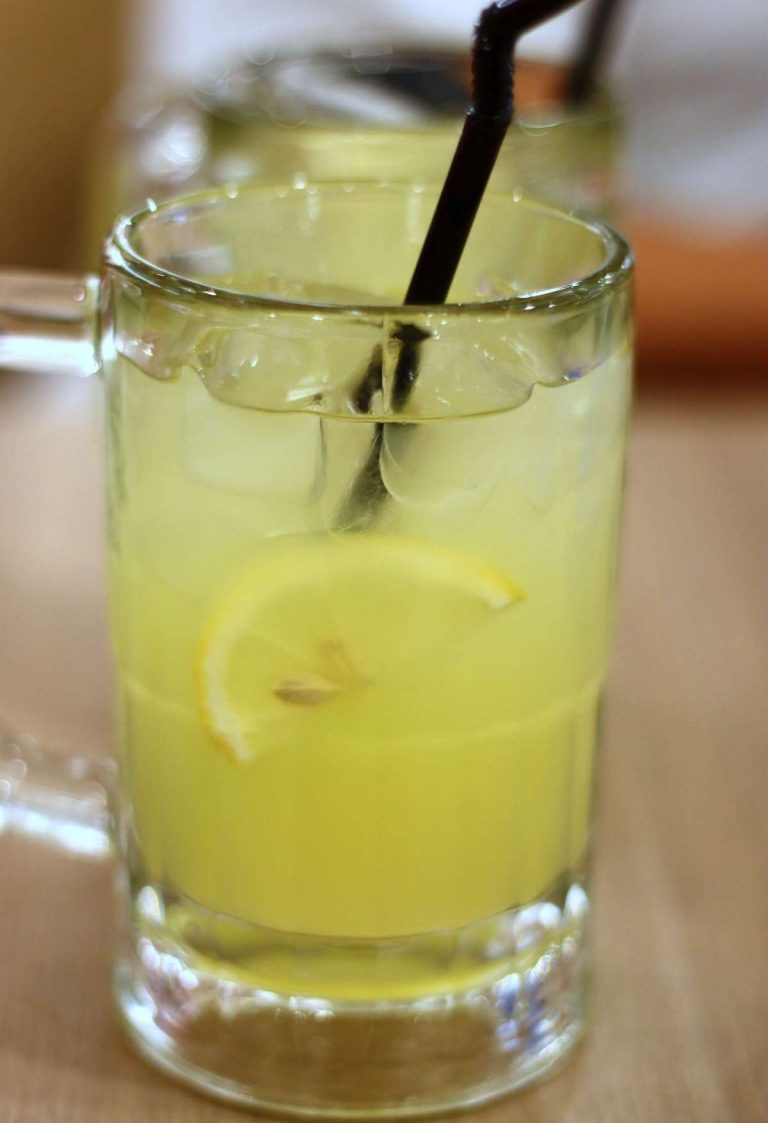 Limonata fatta in casa e fettina di limone in bicchiere di vetro
