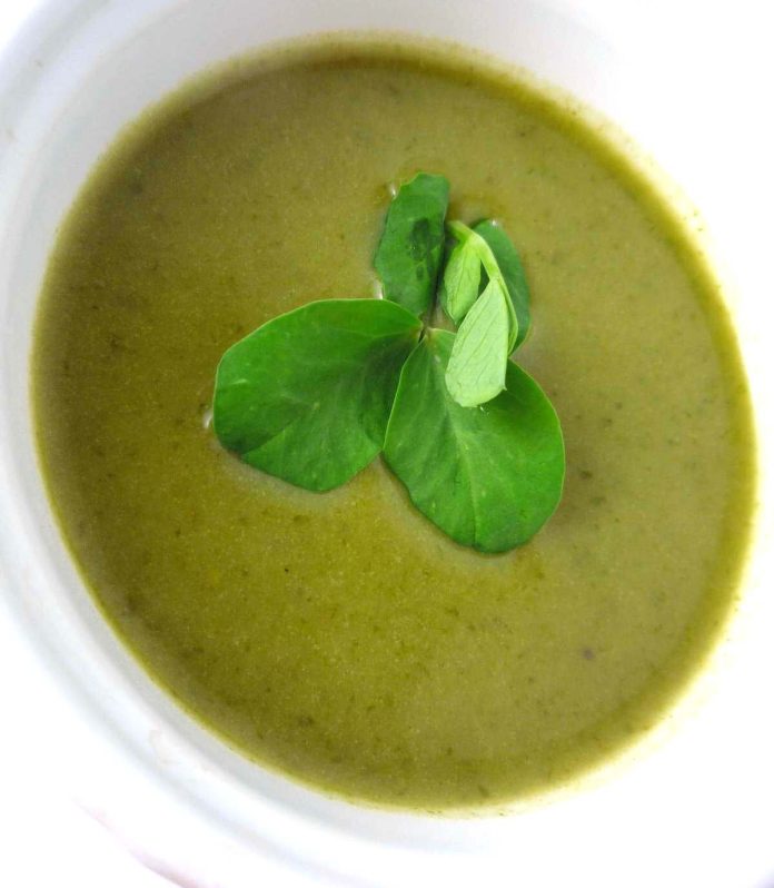 Vellutata di bucce di piselli in ciotola bianca