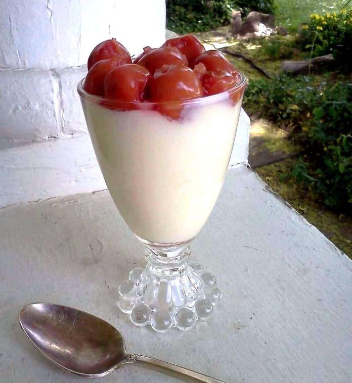 Crema allo yogurt con ciliegie in coppa di vetro