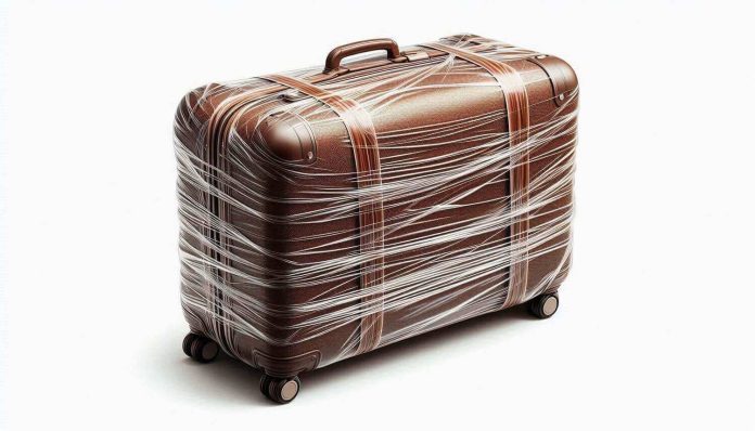 Valigia fatta incellofanare per proteggerla da danni e manomissioni