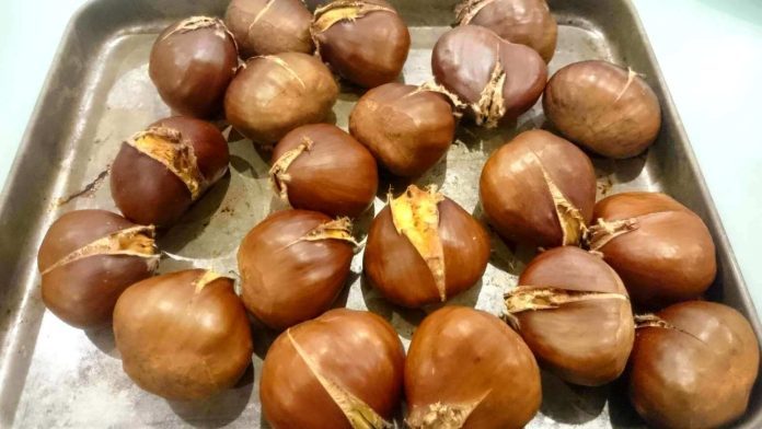 Custose castagne cotte a puntino nella friggitrice ad aria nella fri Aspetto delle castagne cucinate nella friggitrice ad aria