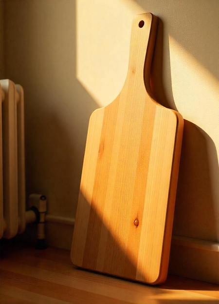 Tagliere di legno fatto asciugare in posizione verticale accanto a calorifero