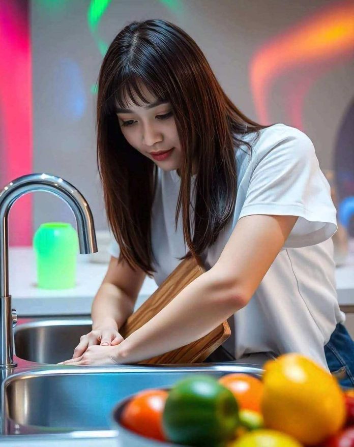 Ragazza pulisce il tagliere in legno con acqua e detergente