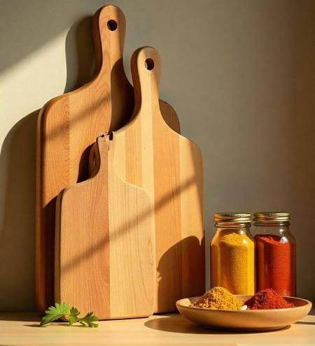 3 taglieri in legno posizionati in verticale sul top di cucina