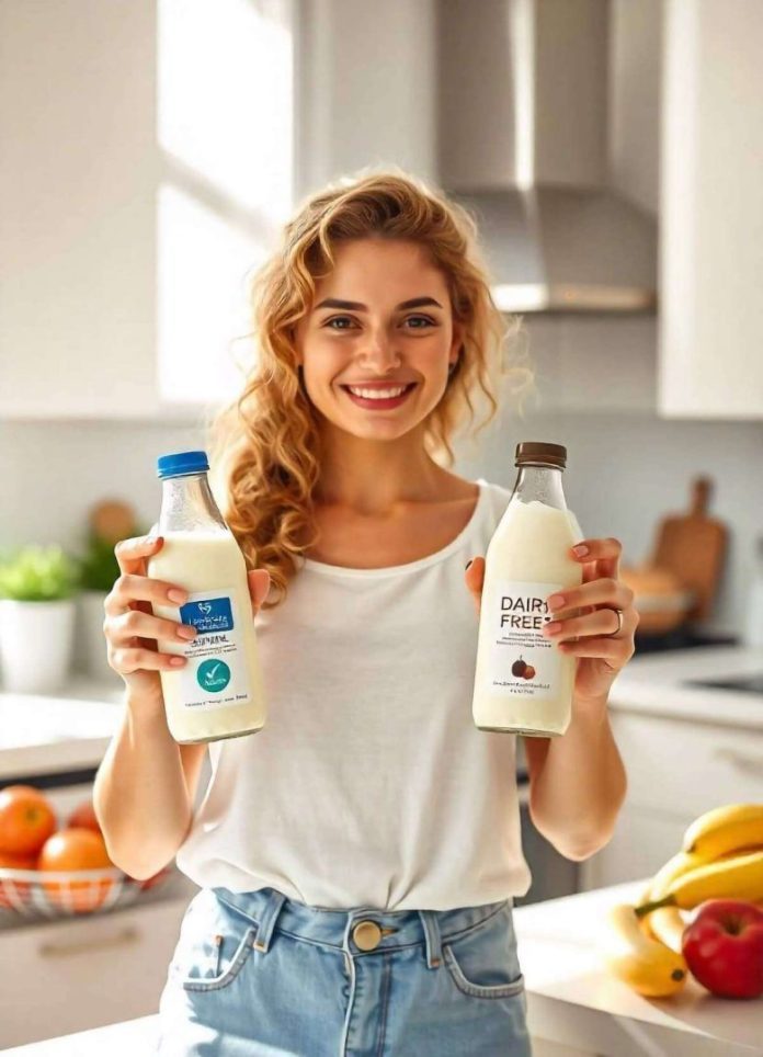 Donna consapevole della differenza tra il latte dairy free e in latte lactose free contenuti nelle bottiglie che tiene nelle mani