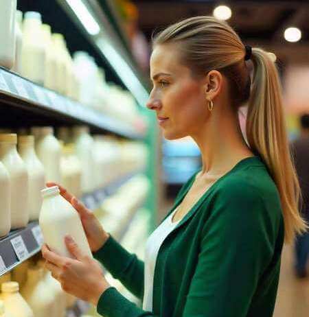 Giovane donna sceglie il latte al supermercato
