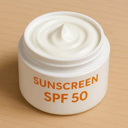 Crema solare di colore bianco candido e dalla consistenza liscia