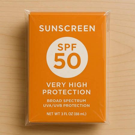 Crema solare in confezione di cartone ancora sigillata