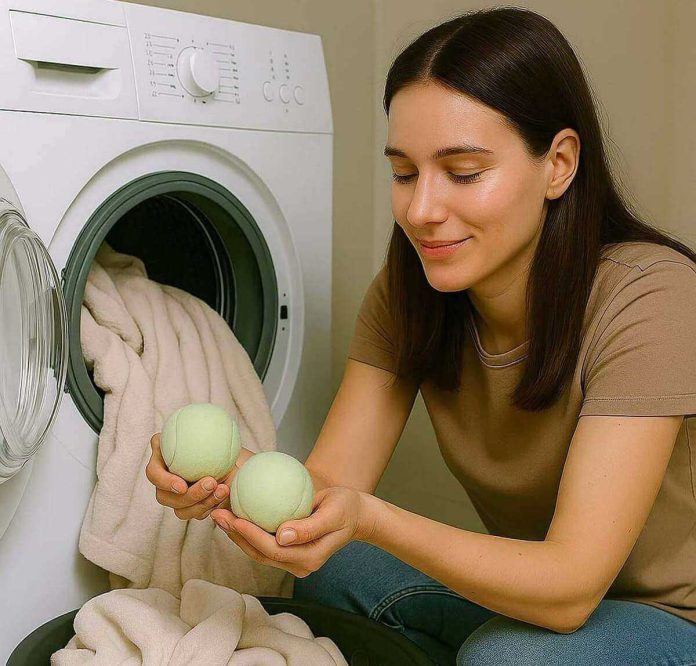 Donna soddisfatta del risultato ottenuto dopo aver messo 2 palline nella lavatrice assieme al bucato