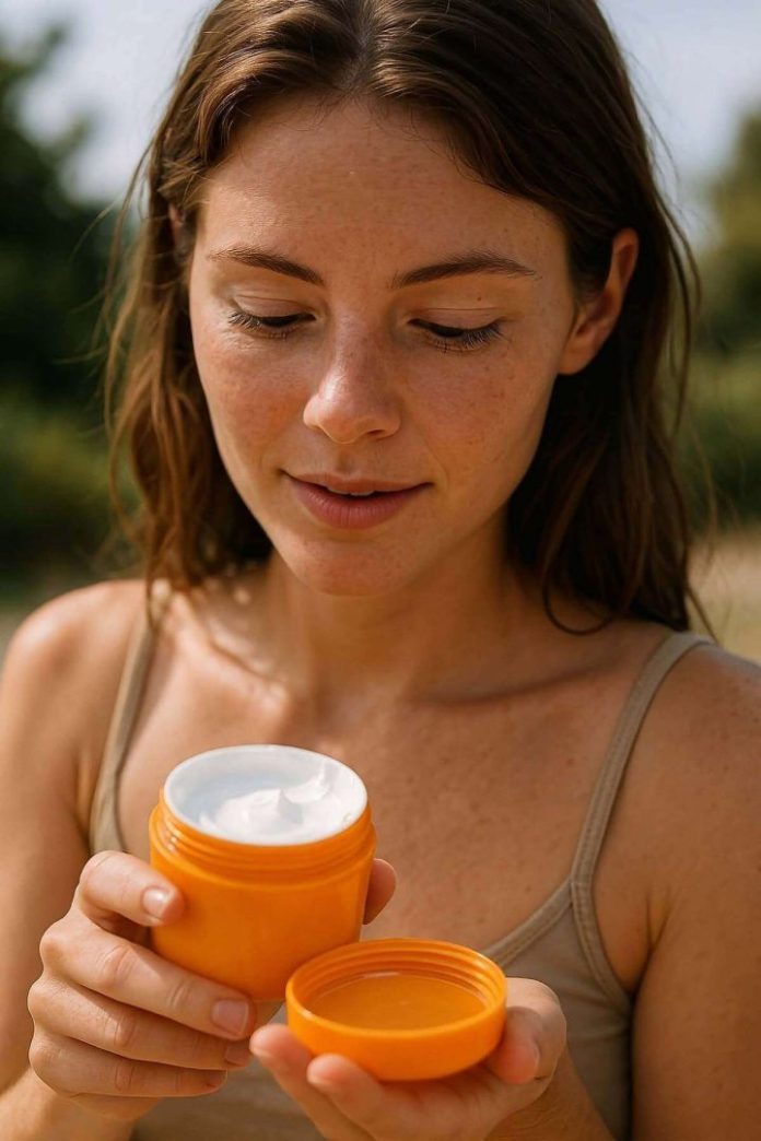 Ragazza osserva una crema solare per capire se è ancora buona