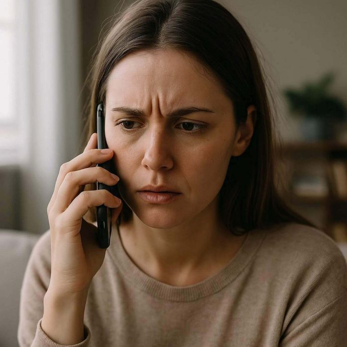 Donna turbata mentre riceve una chiamata telefonica muta