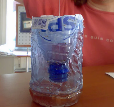 Trappola a imbuto per moscerini fatta in casa con una bottiglia in PET