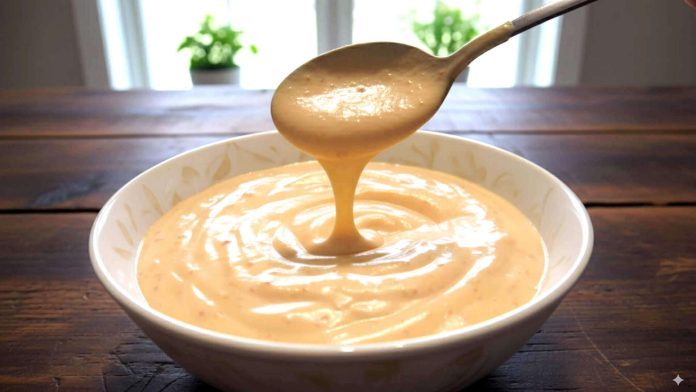 Maionese ai peperoni arrostiti fatta in casa mescolata col cucchiaio