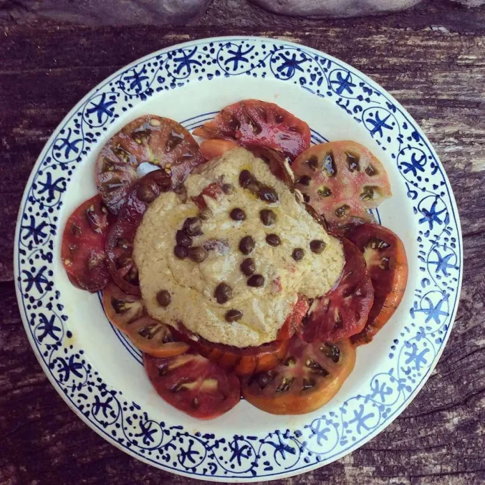 Pomodori con salsa tonnata light in piatto di ceramica bianca bordato da motivi blu