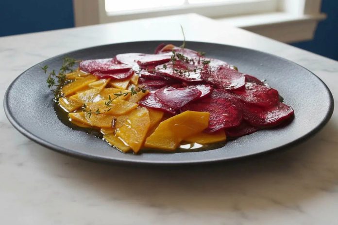 Piatto scuro contenente marinata di zucca e barbabietole rosse Zucca e barbabietole rosse marinate a crudo servite in piatto di ceramica scuro