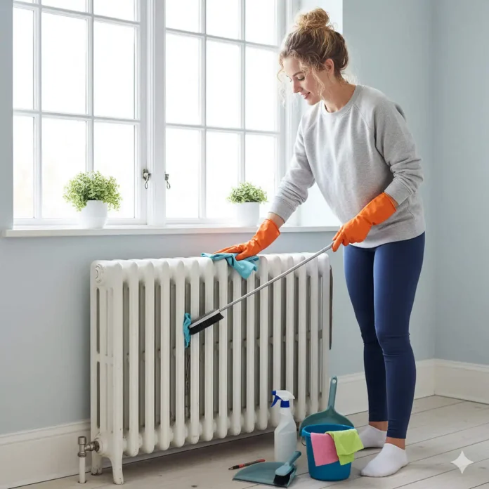 Ragazza effettua la pulizia profonda di un calorifero Giovane donna pulisce un termosifone con spugne, apposito utensile e detergenti