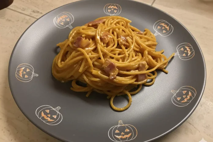 Pasta alla carbonara di zucca in piatto con decorazioni di Halloween