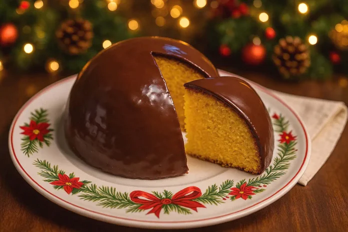 Piatto di servizio natalizio con sopra Parrozzo abruzzese Parrozzo abruzzese su piatto di portata con decori natalizi