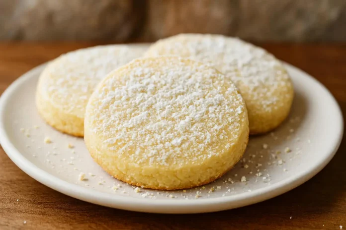 Biscotti lemon meltaways fatti in casa spolverati con zucchero a velo su piattino da dessert bianco