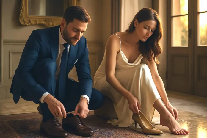 Coppia di ospiti eleganti si toglie le scarpe su richiesta del padrone di casa