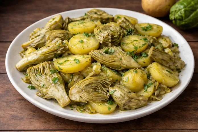 Piatto bianco contenente carciofi e patate in padella in umido