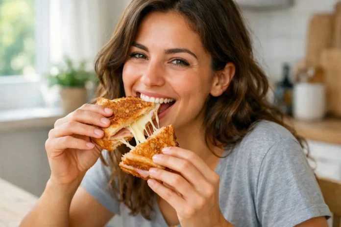 Donna che fa colazione con un toast Donna sorridente mangia un toast farcito con prosciutto cotto e formaggio a colazione