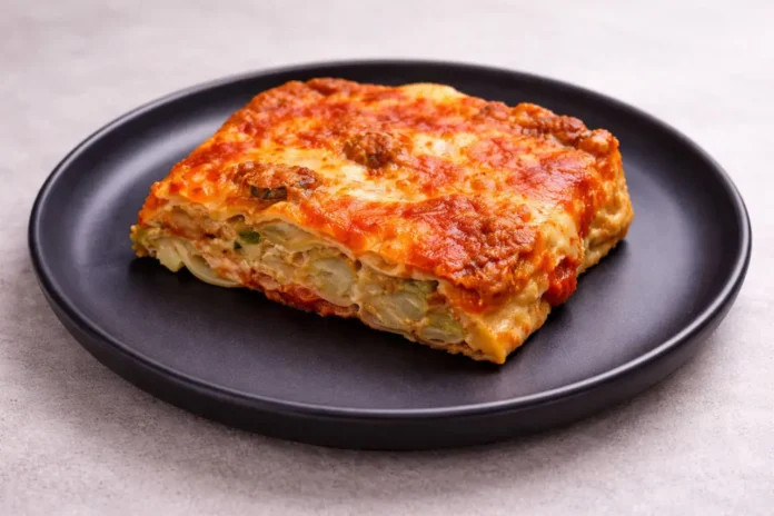 Porzione di parmigiana di carciofi pugliese su piatto nero