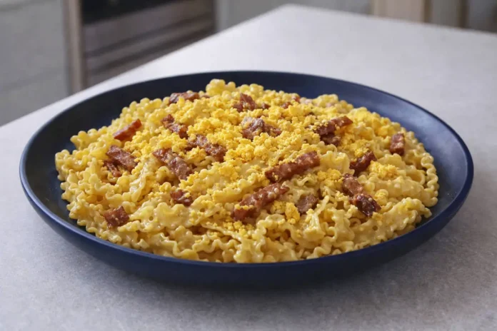 Reginette mimosa con guanciale in un piatto nero