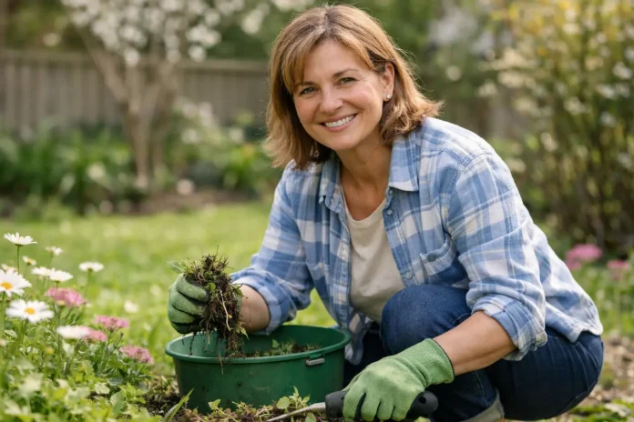 Donna che rimuove le erbe infestanti dal giardino Donna sorridente intenta al eliminare le erbacce in primavera
