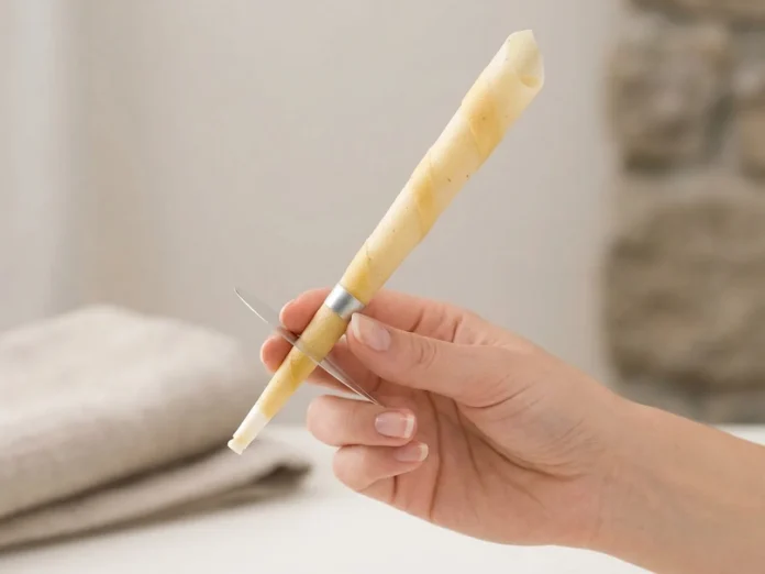 Cono per pulire le orecchie in mano femminile