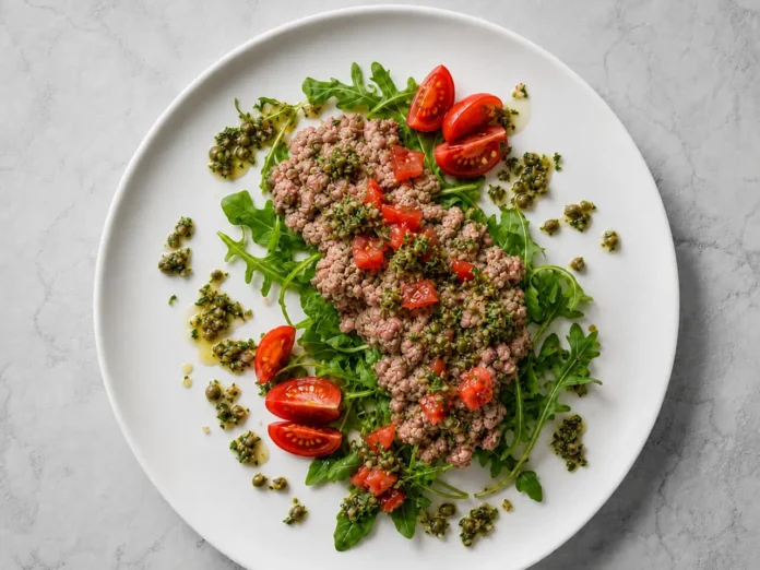 Piatto bianco con sopra tartare di roast beef con rucola e pomodorini Tartare di roast beef, rucola e pomodorini su piatto bianco