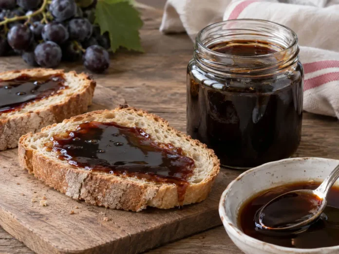Mosto cotto in barattolo, sul pane e in una ciotola